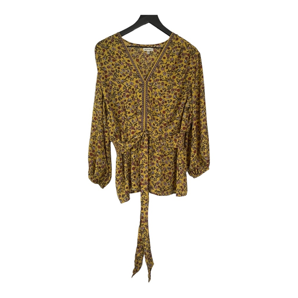 Max Studio Mustard Floral V-Neck Tie-Waist Blouse